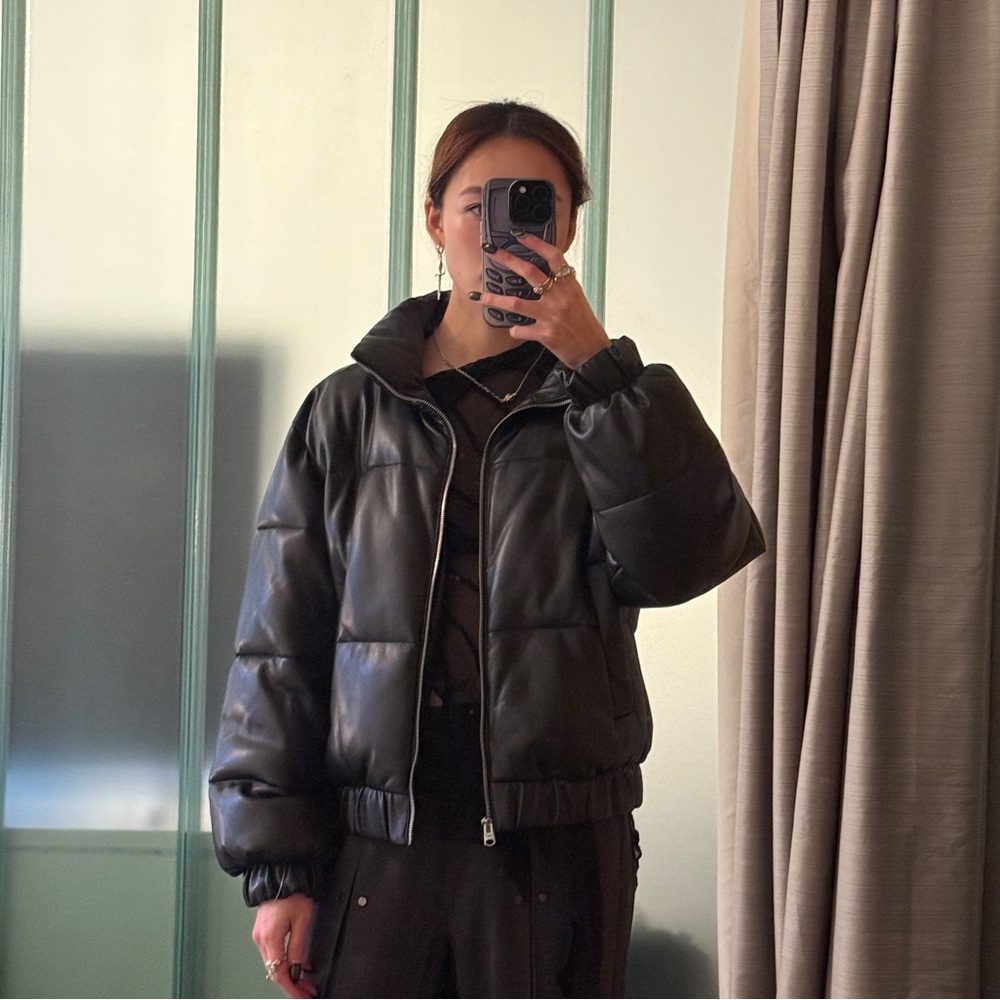 abercrombie vegan black leather puffer jacket sz small - Picture 6 of 7